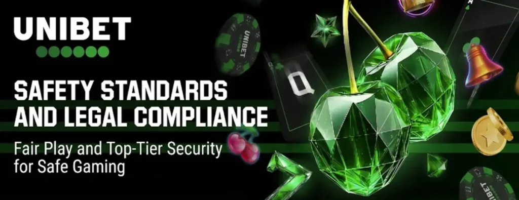 Unibet banner on safety standards, legal compliance, and security for safe gaming.