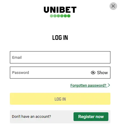 Unibet login pop-up window with email and password fields.