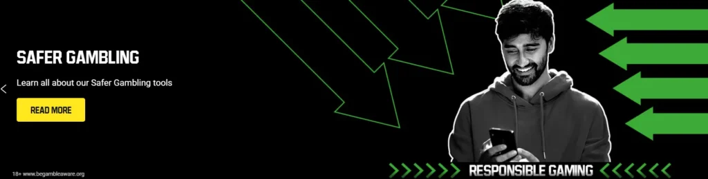 Safer gambling banner showing a man with a phone, linking to responsible gaming tools on the site.