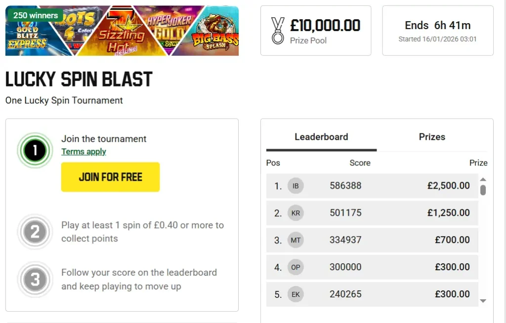 Lucky Spin Blast tournament page with join steps, £10k prize pool, and live leaderboard rankings.