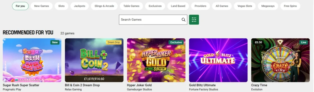 Recommended casino games grid on Unibet, showing slots and live games for user selection.