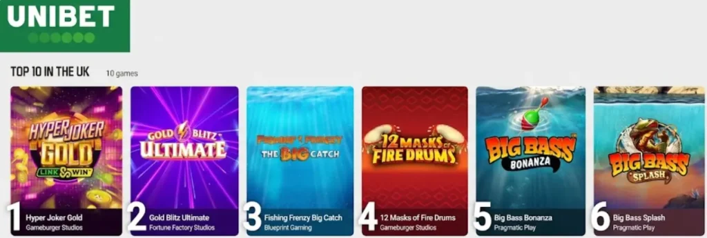 Top 10 casino games on Unibet UK, showing the most popular games.