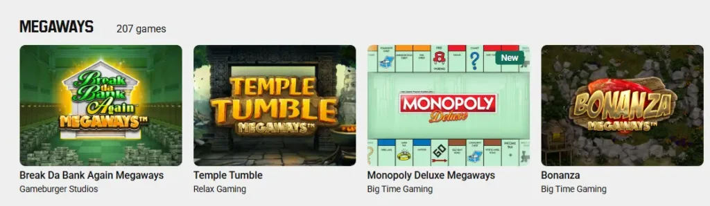 Megaways slots selection in the games category, offering variety for players.