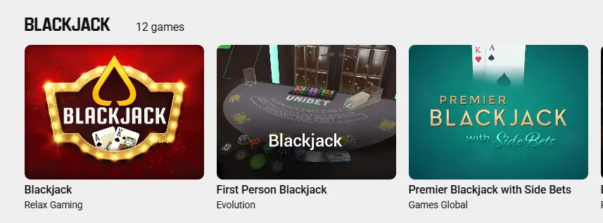 Blackjack games selection in the category, showing variety for players.