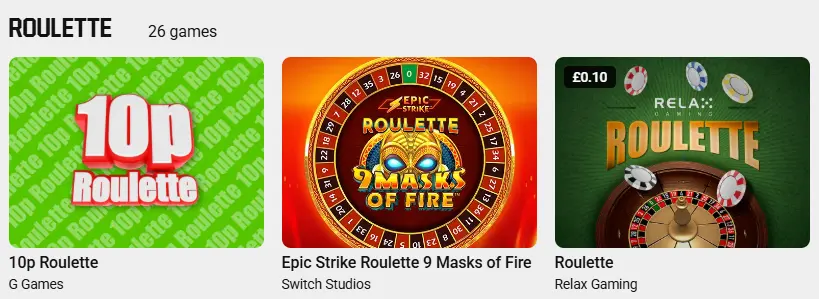 A grid showing various roulette games available in the casino's Roulette category for players.