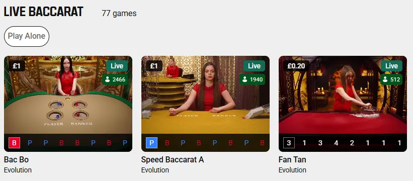Live Baccarat section showing various real dealer games for players to join.