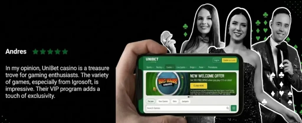 Andres' 5-star review on Unibet, praising game variety and the VIP program.