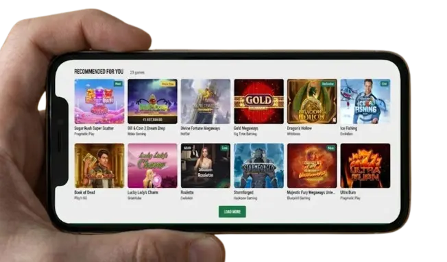 Hand holding a phone with recommended slot games on the Unibet mobile site.
