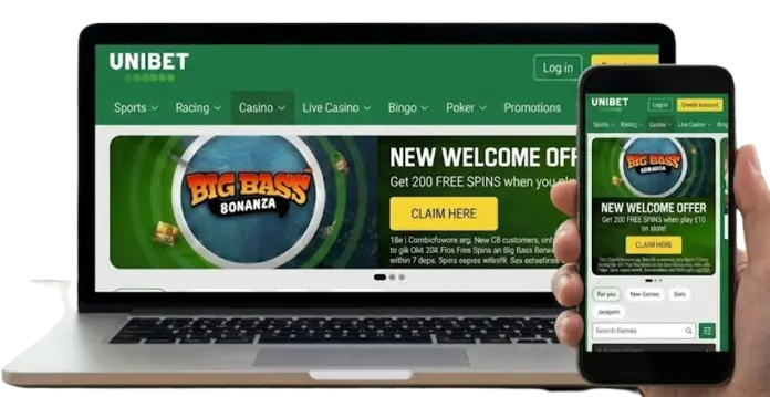 Unibet casino interface on laptop and mobile phone, showing seamless cross-platform compatibility.