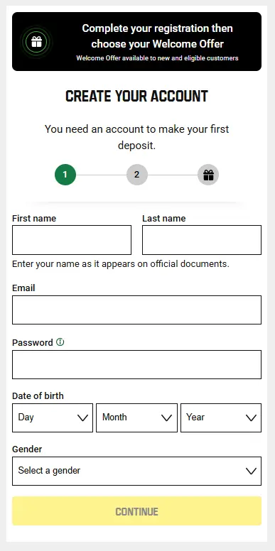 Unibet account creation form step 1, showing personal details fields for new players.