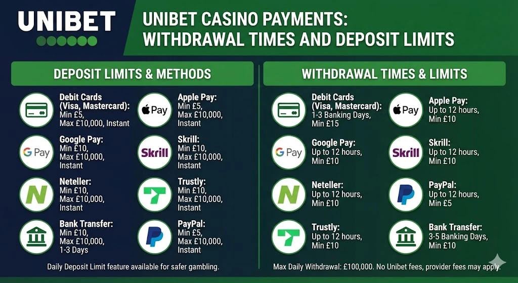 Unibet casino payment methods, withdrawal times, and deposit limits infographic.