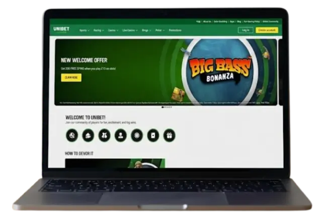 Laptop with Unibet homepage featuring 'Big Bass Bonanza' offer, for desktop view.