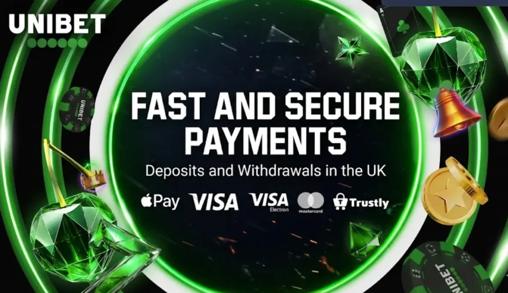 Unibet banner advertising fast and secure UK payment methods like Apple Pay, Visa, and Trustly.